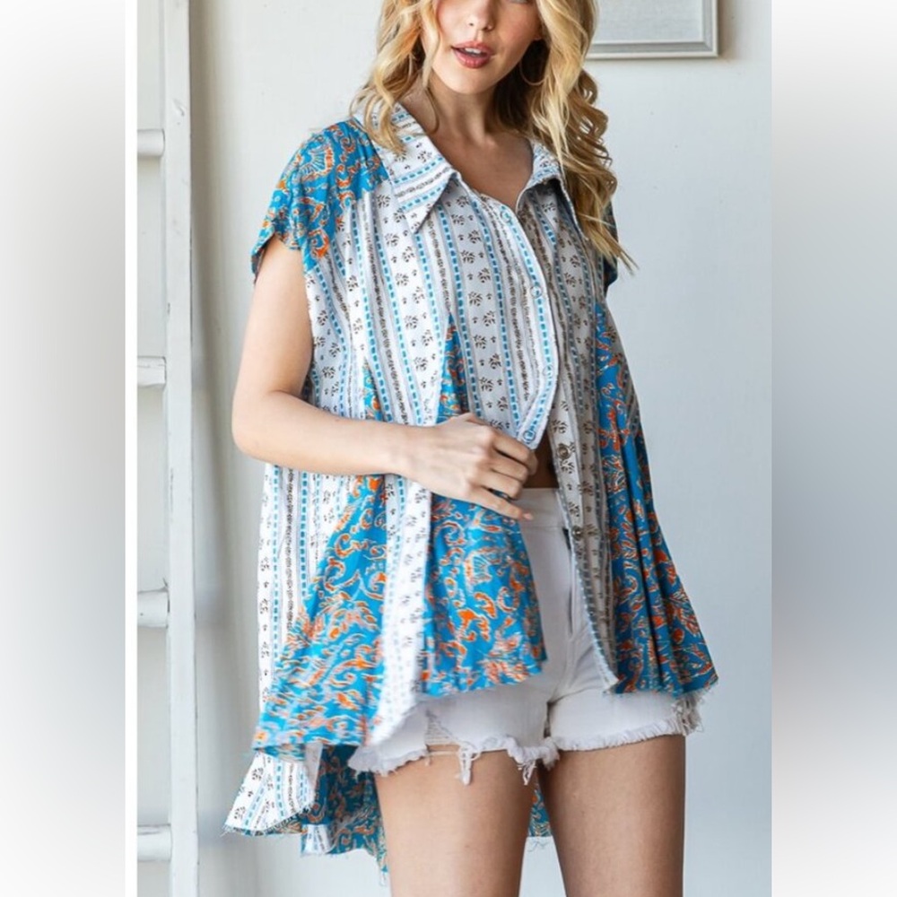 OLI & HALI CAMILA PRINTED BUTTON FRONT FLARED HEM TOP NWOT sz M